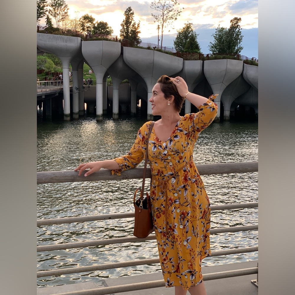 Elegant Mustard Floral Long Sleeve Dress